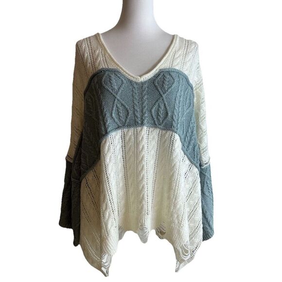 POL Sweater S Colorblock Blue Ivory V-Neck Cable Knit Distressed Hem Boho Cozy - Picture 1 of 9